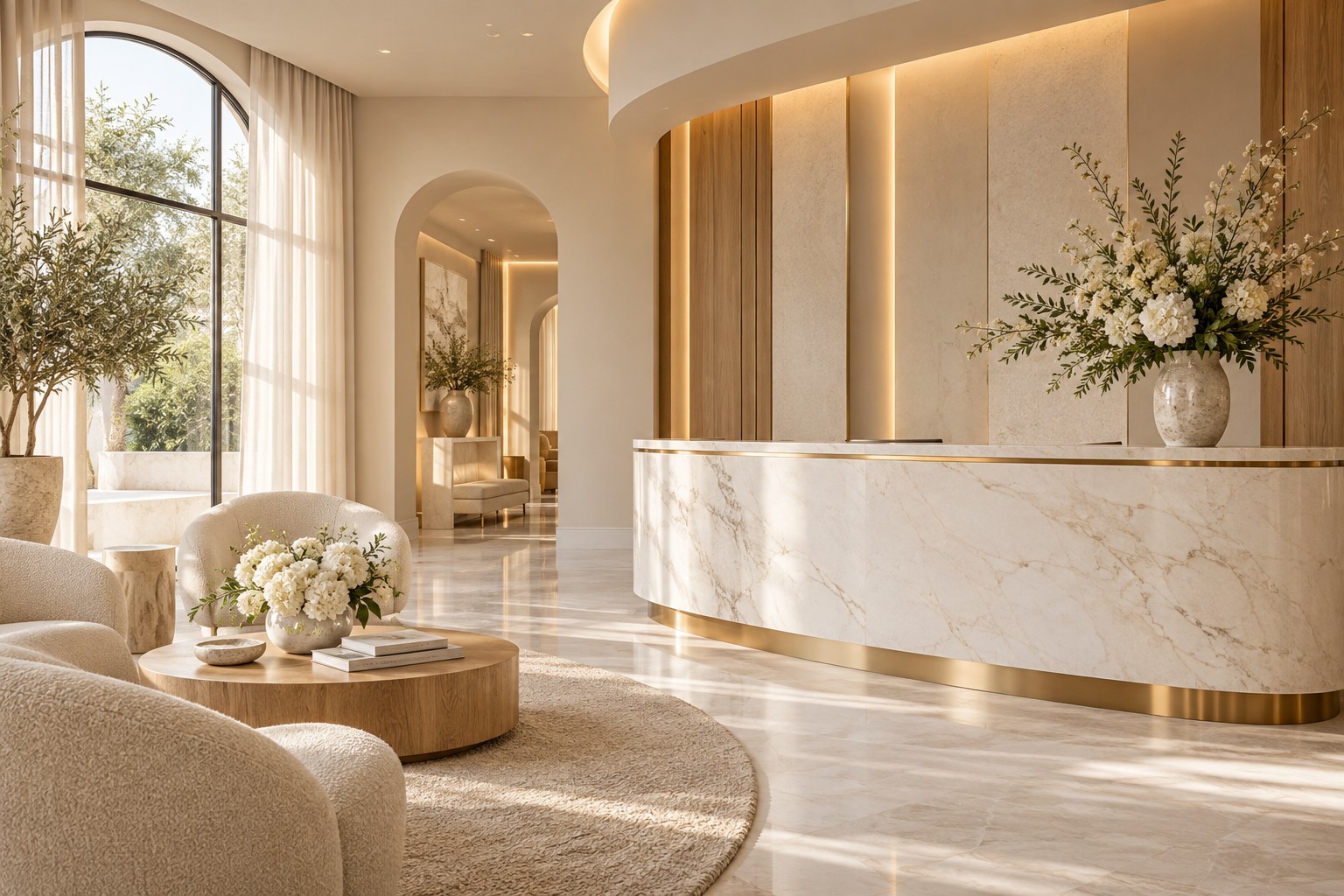 Illustrative med-spa reception with ivory marble, warm lighting, and champagne-gold details